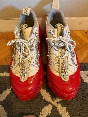 Burberry Red and White Crystal-Embellished Platform Sneakers
